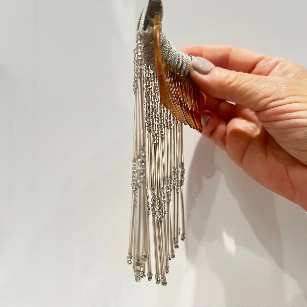 Chic Hair Comb Silver Ribbon with Glass-Beaded Design Bridal Wedding 3x5